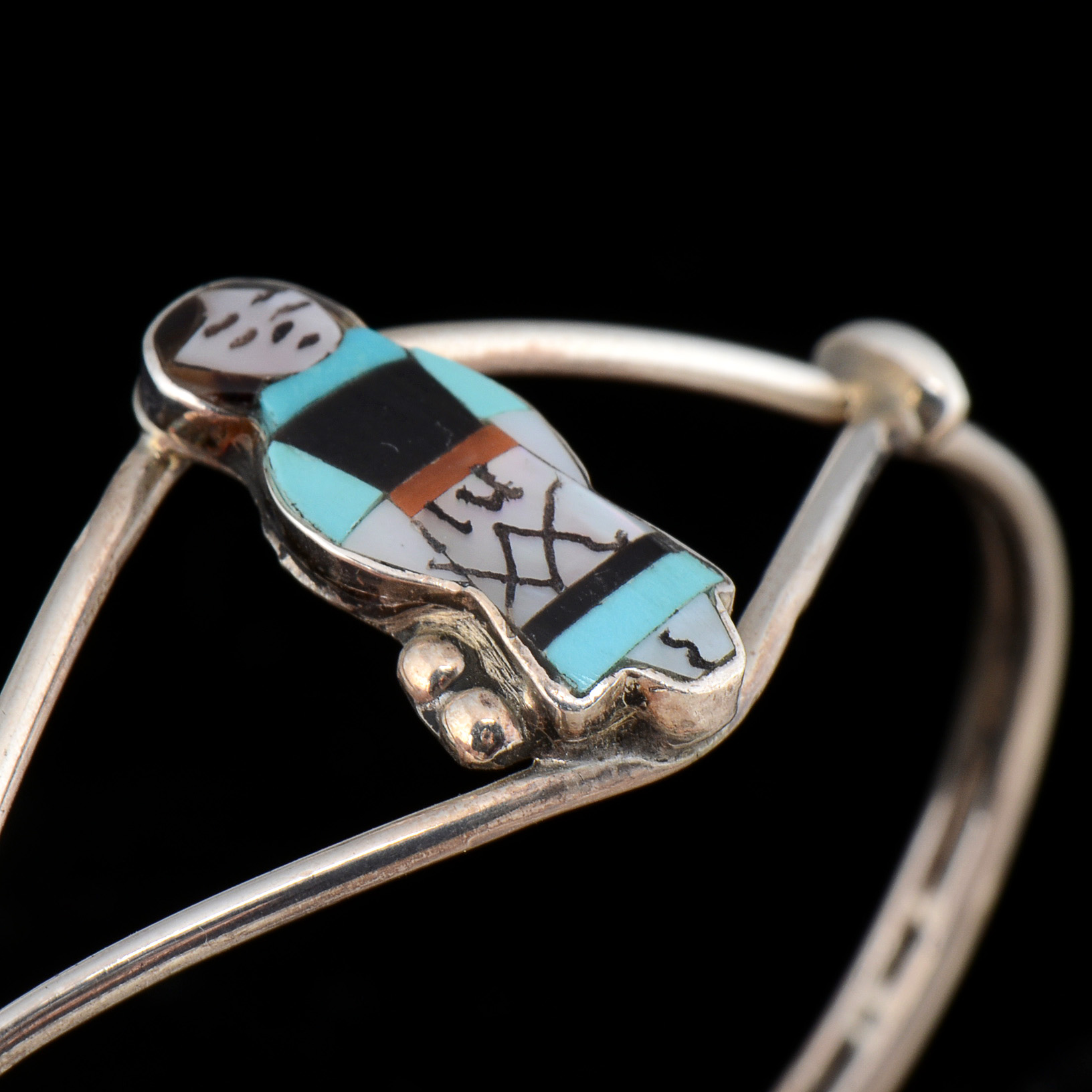 Janet Waseta Signed Sterling Silver Inlaid Zuni Storyteller Cuff