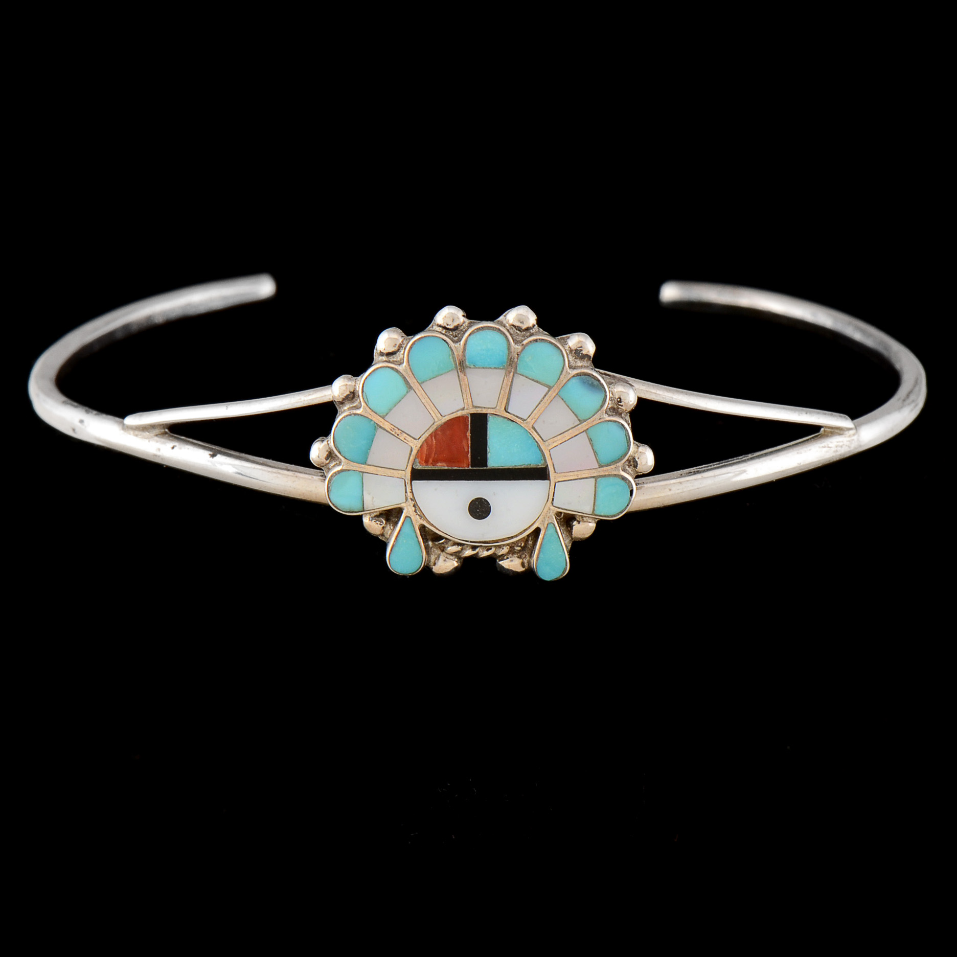 Zuni Sunface Sterling Silver Inlaid Split Cuff Bracelet