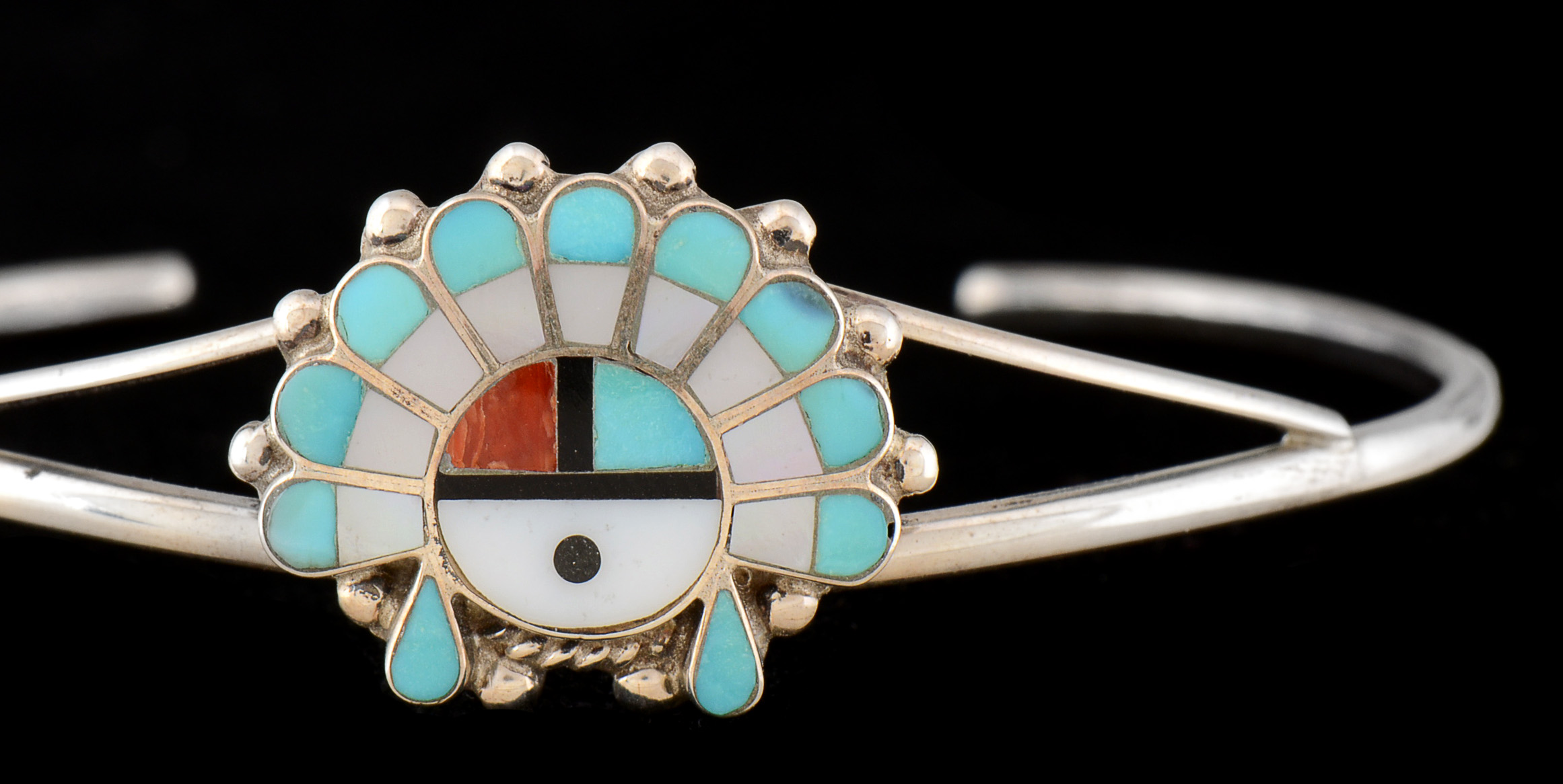 Zuni Sunface Sterling Silver Inlaid Split Cuff Bracelet