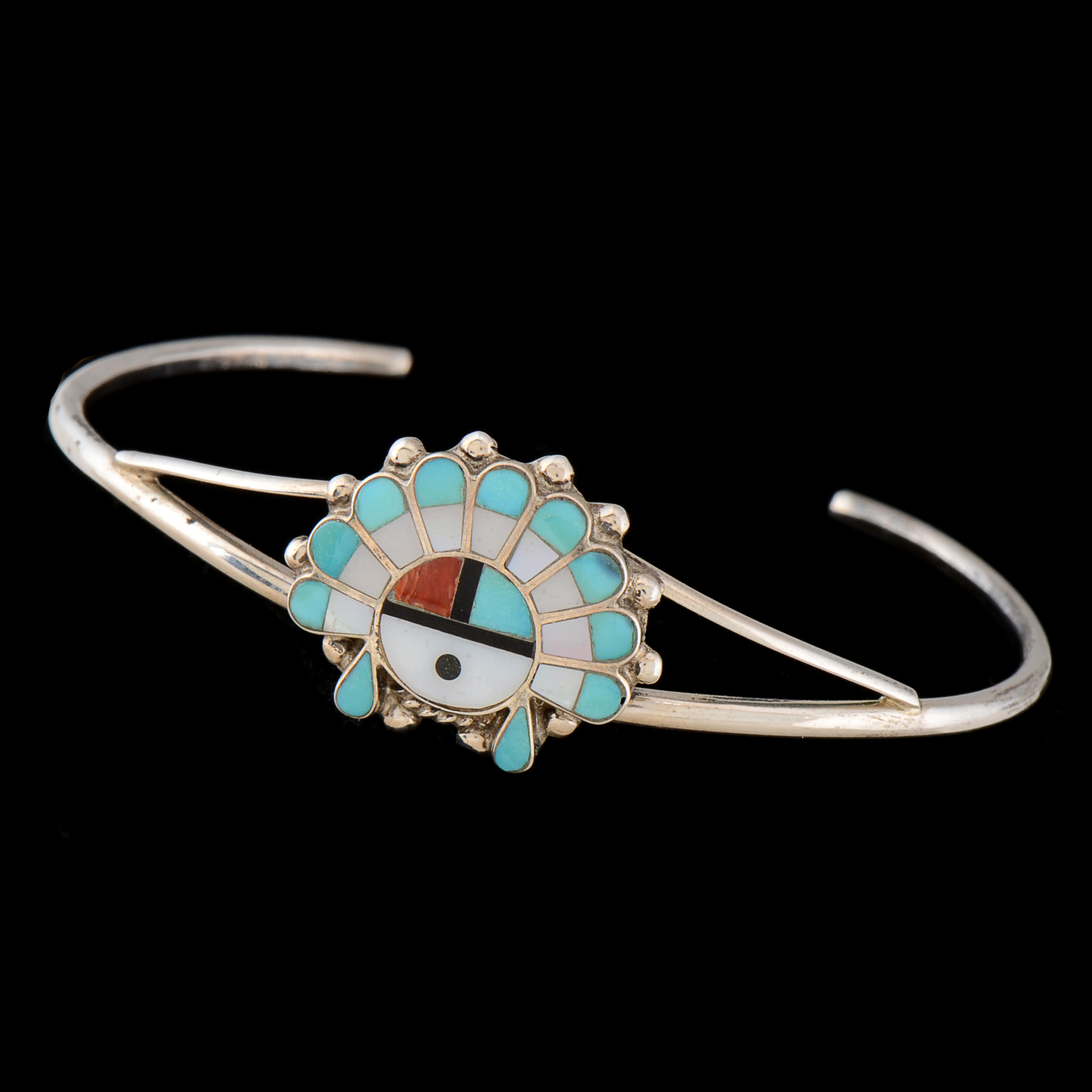 Zuni Sunface Sterling Silver Inlaid Split Cuff Bracelet