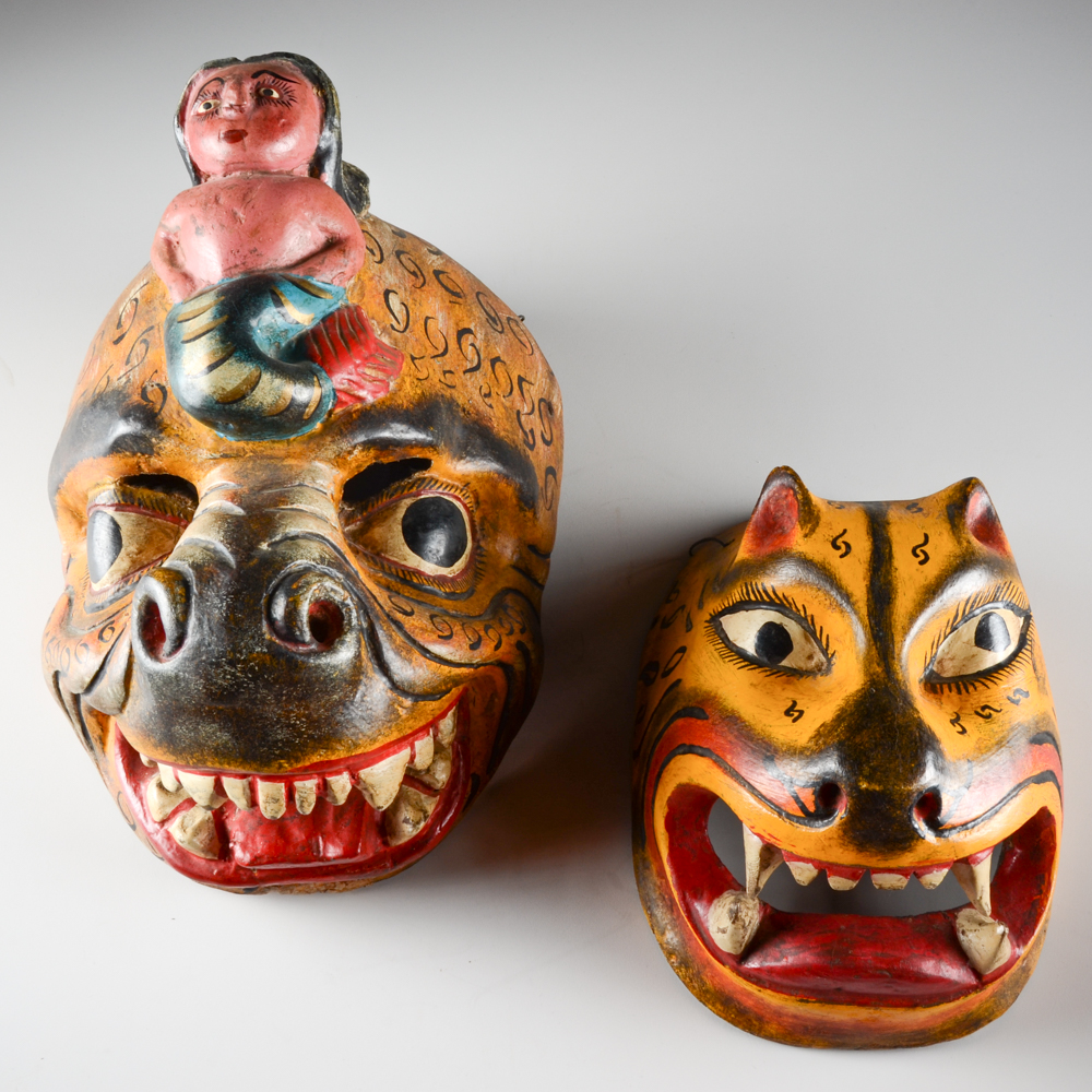 Two Mexican Folk Art Jaguar Masks