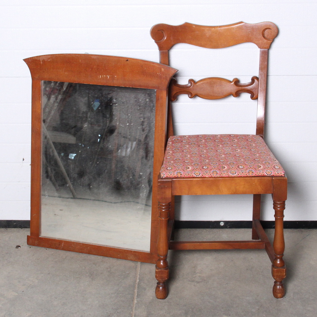 Vintage Red Oak Vanity Chair and MIrror