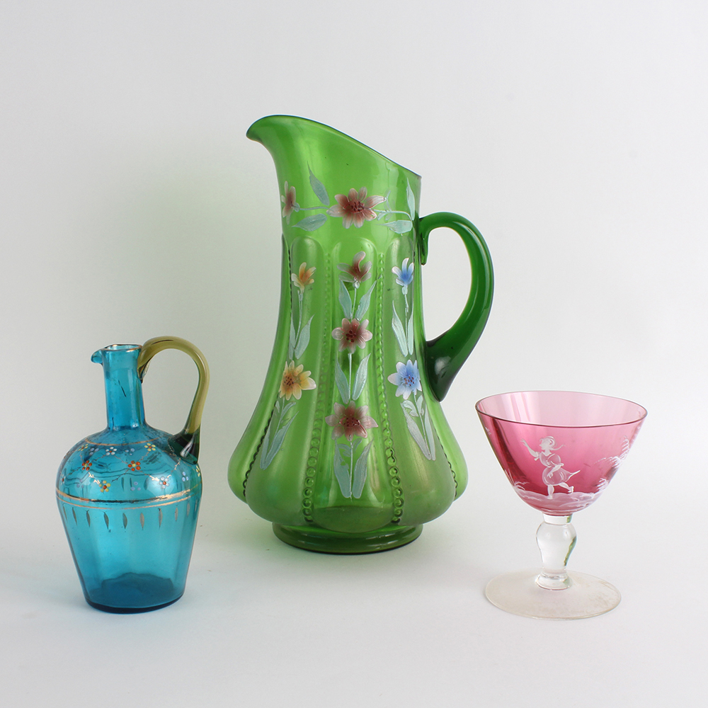 Trio of Hand Painted Colored Glassware
