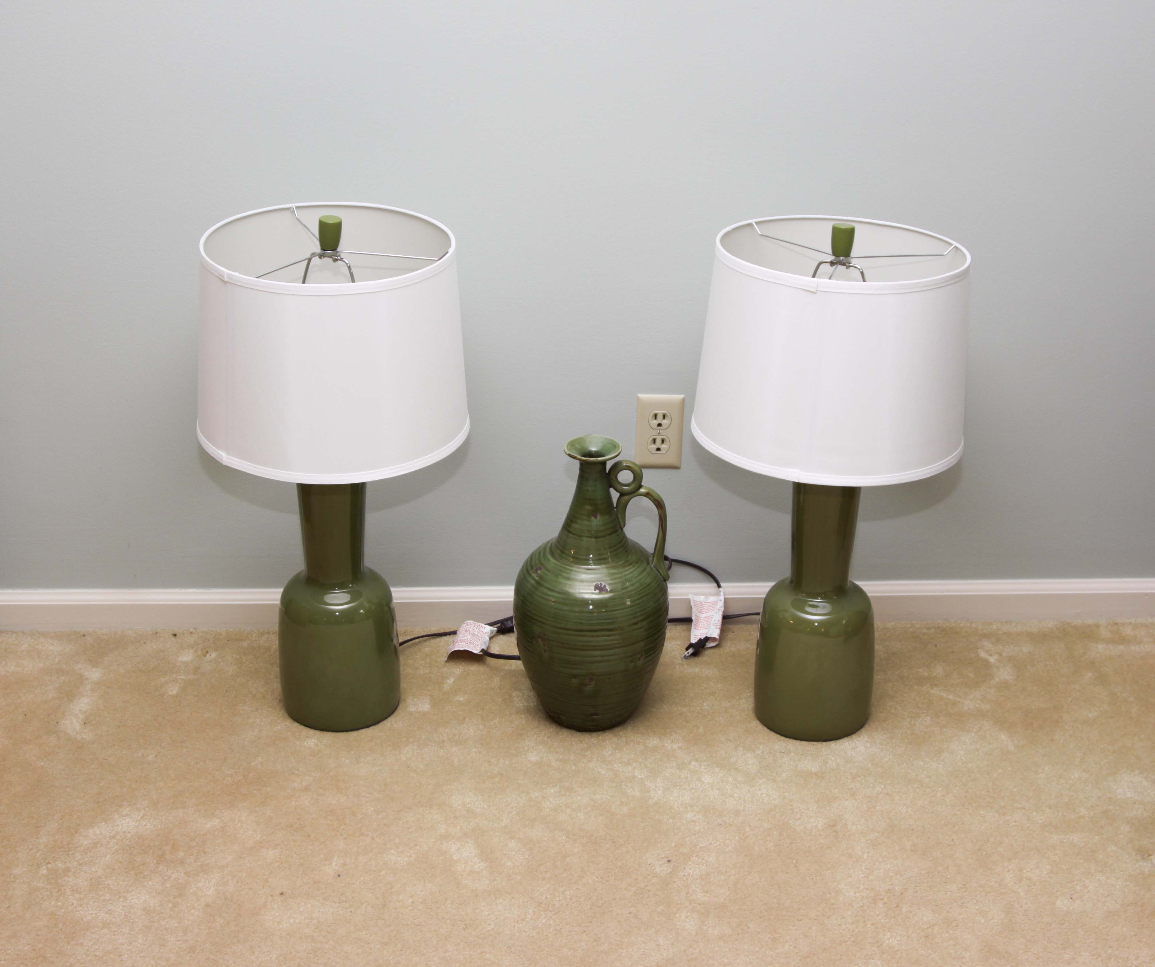 Pair of Olive Green Ceramic Table Lamps and Vase