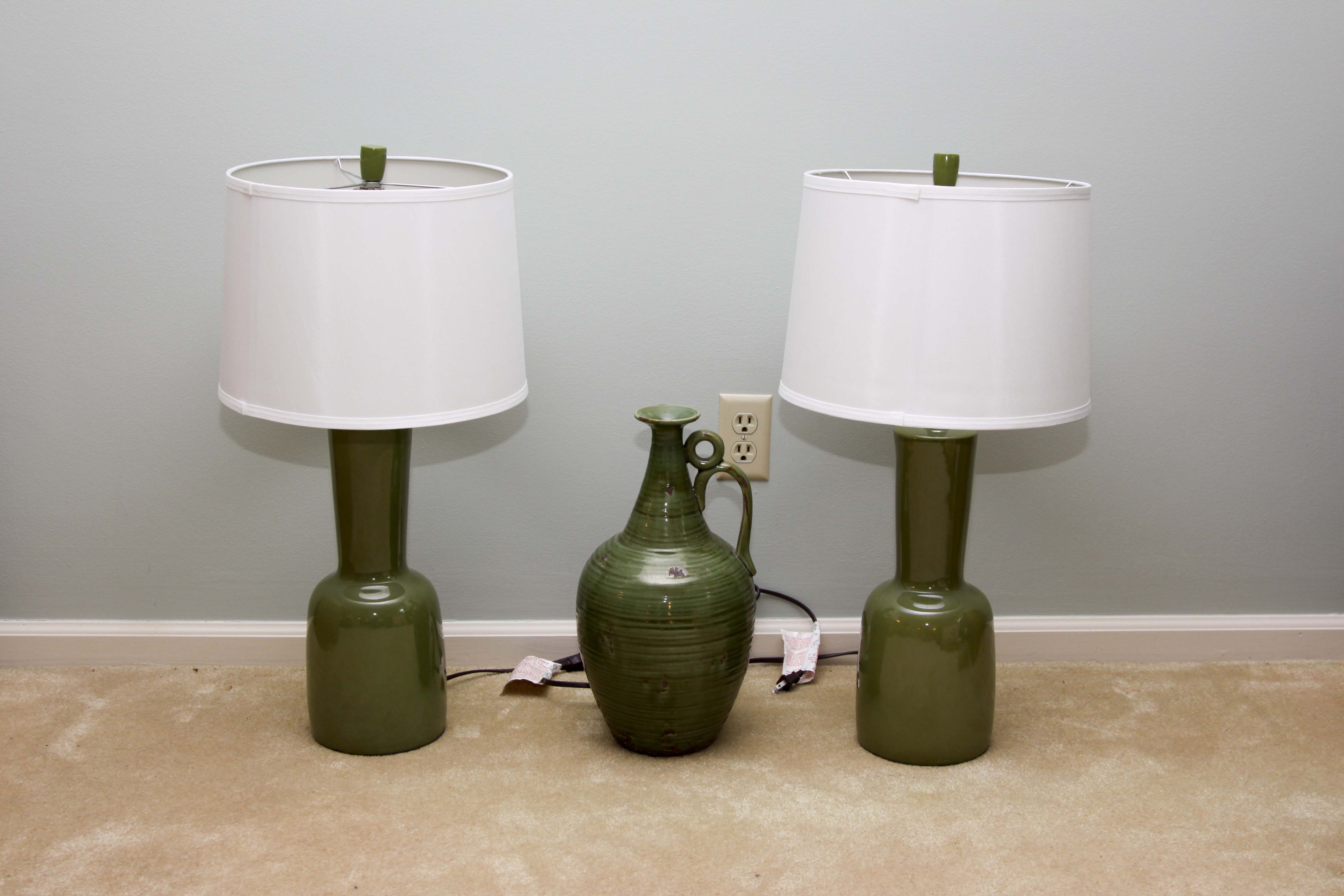 Pair of Olive Green Ceramic Table Lamps and Vase