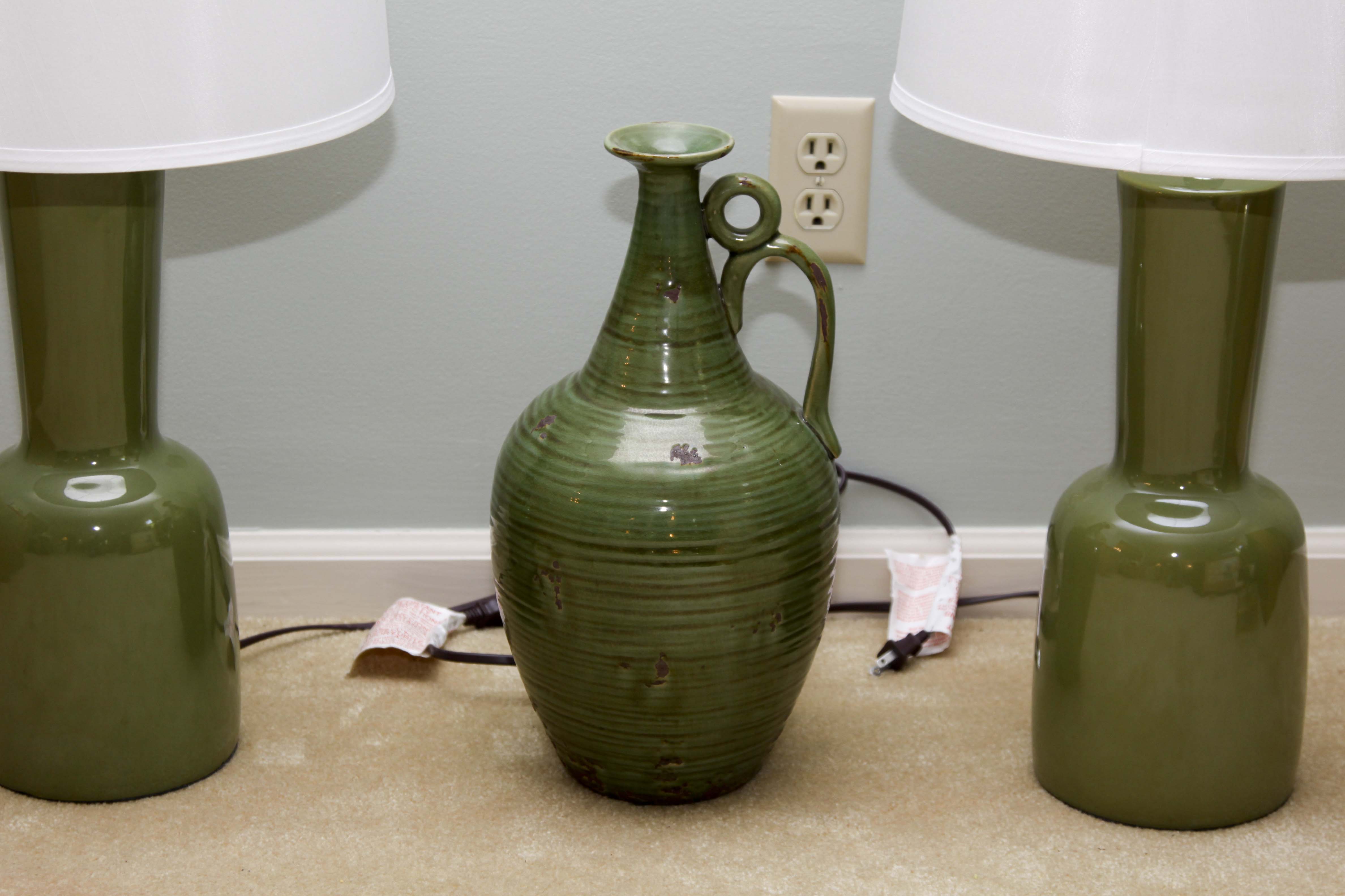 Pair of Olive Green Ceramic Table Lamps and Vase