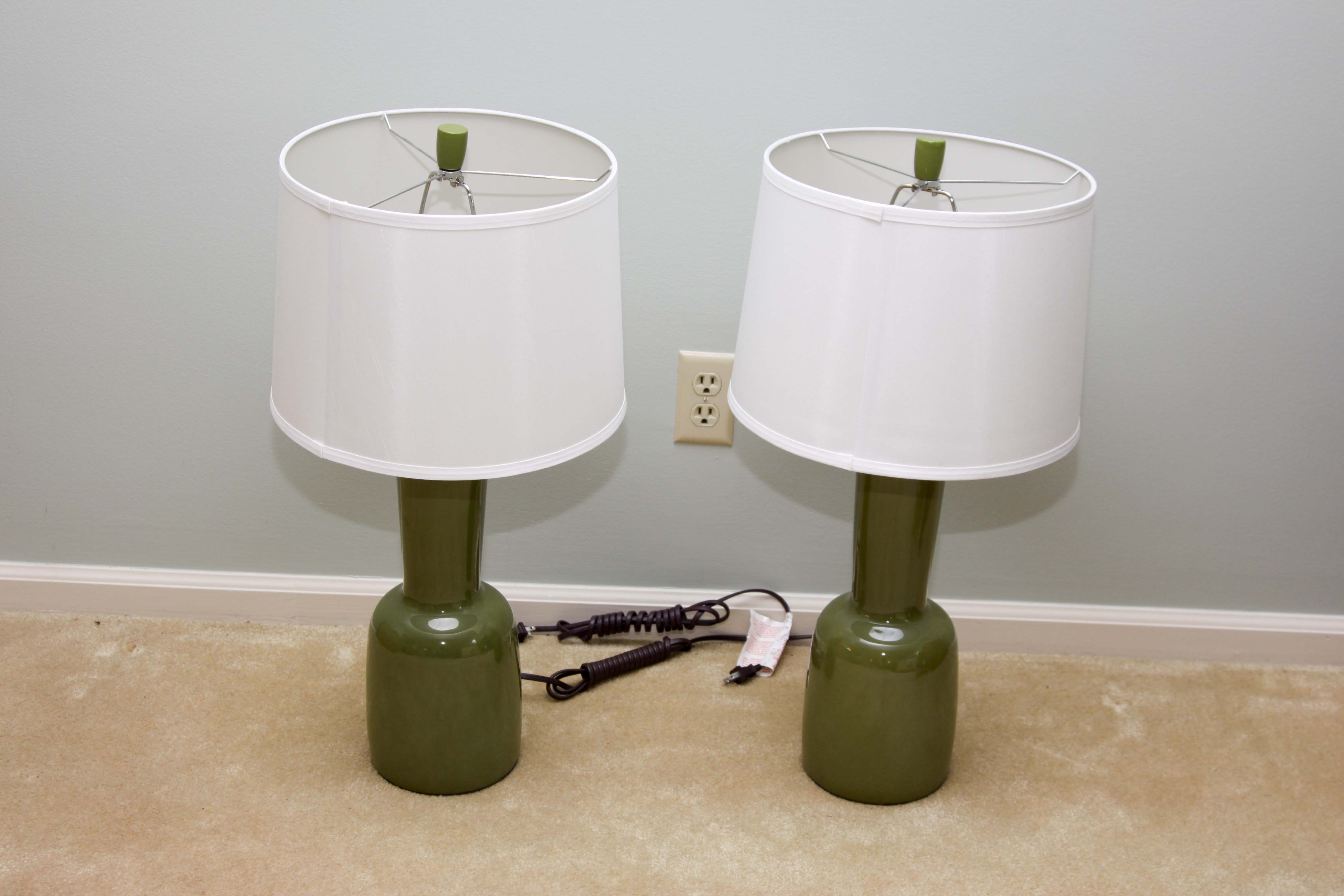 Pair of Olive Green Ceramic Table Lamps and Vase