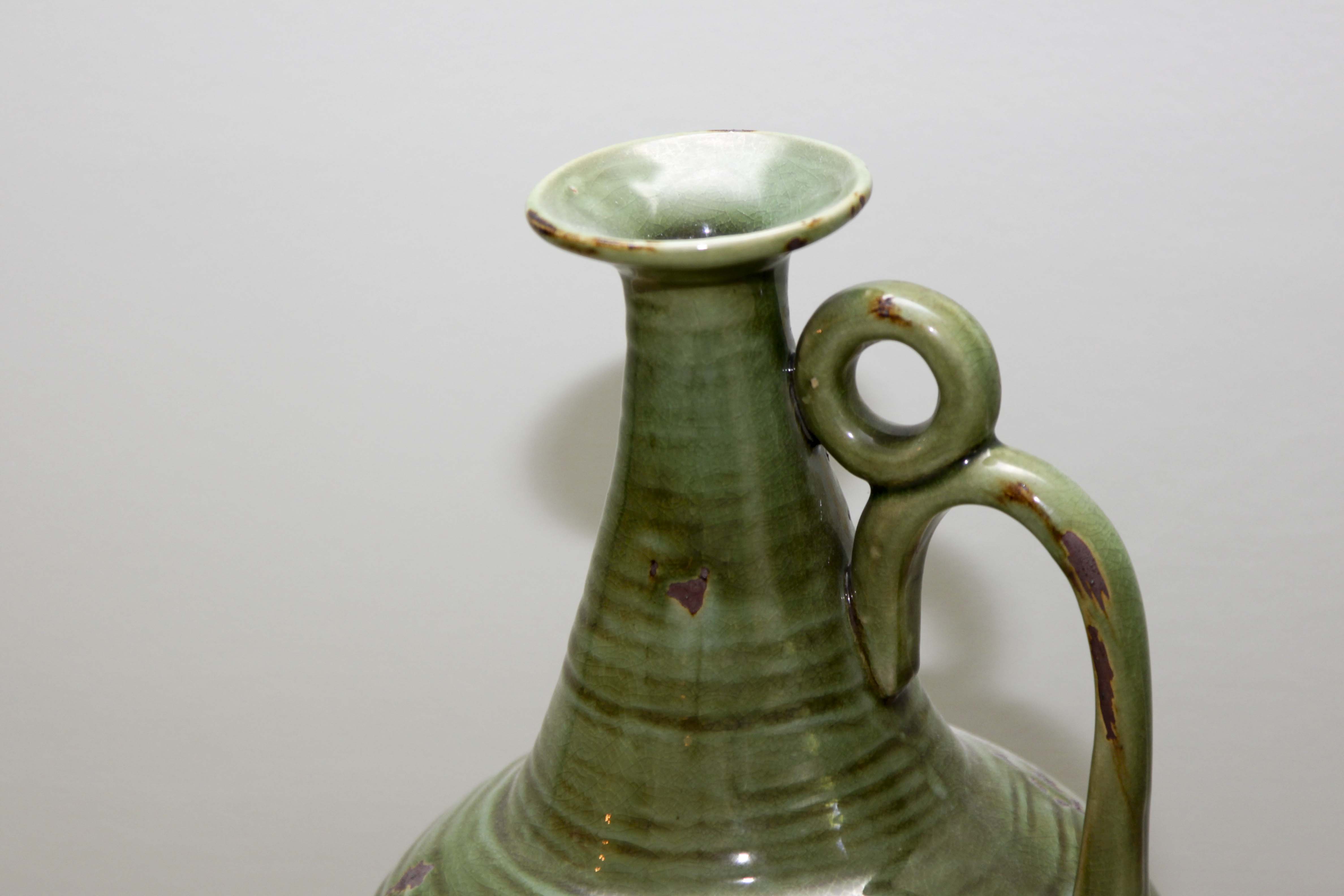 Pair of Olive Green Ceramic Table Lamps and Vase