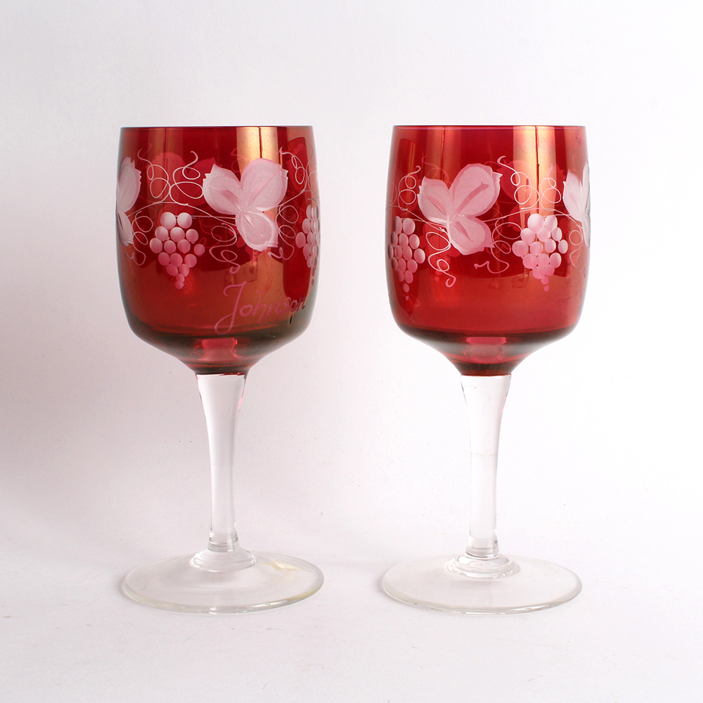Pair of Cut to Clear Ruby Goblets