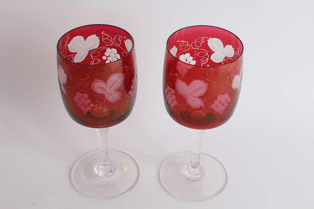Pair of Cut to Clear Ruby Goblets