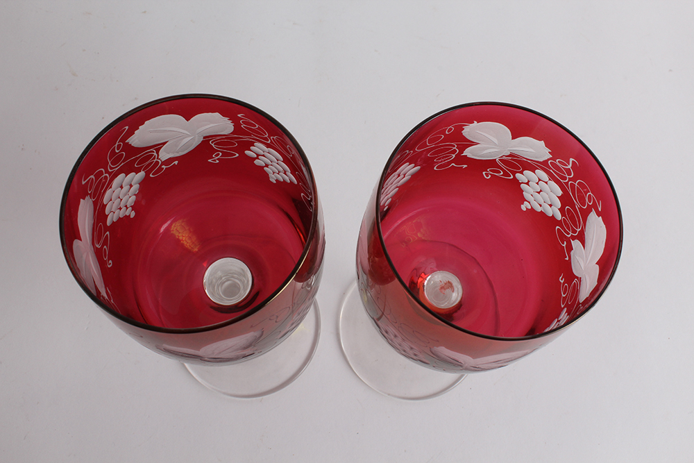 Pair of Cut to Clear Ruby Goblets