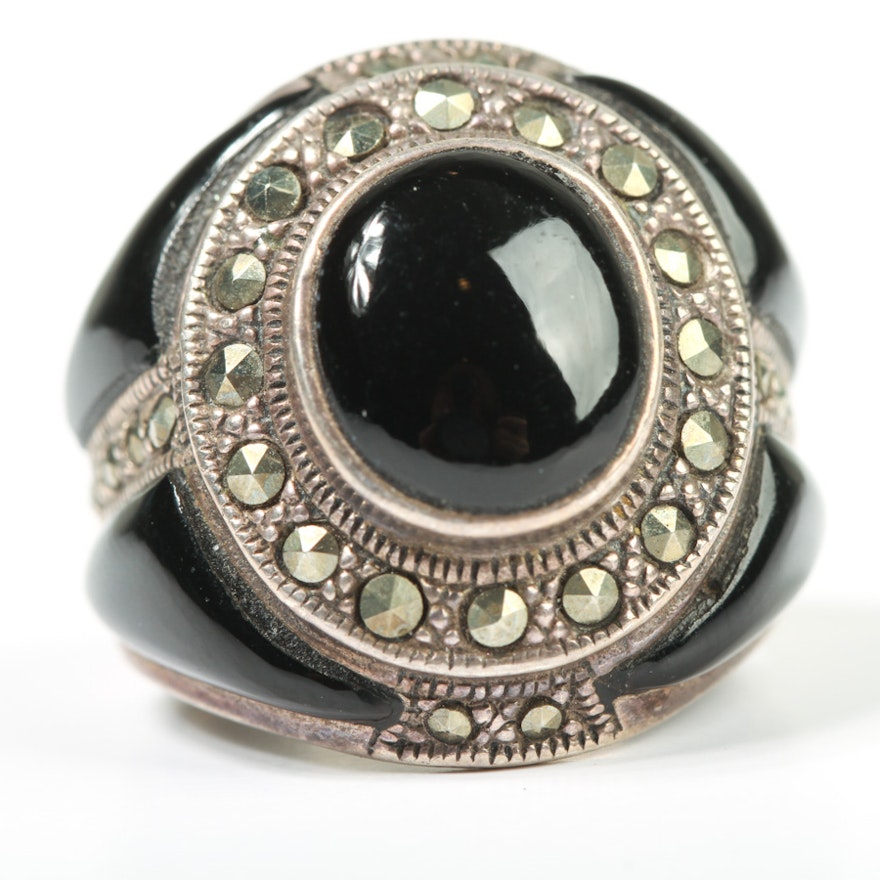 Sterling Silver, Onyx, and Marcasite Statement Ring