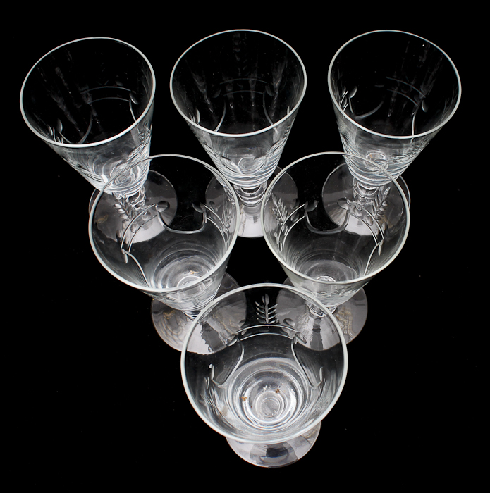 Set of Six Etched Water Goblets