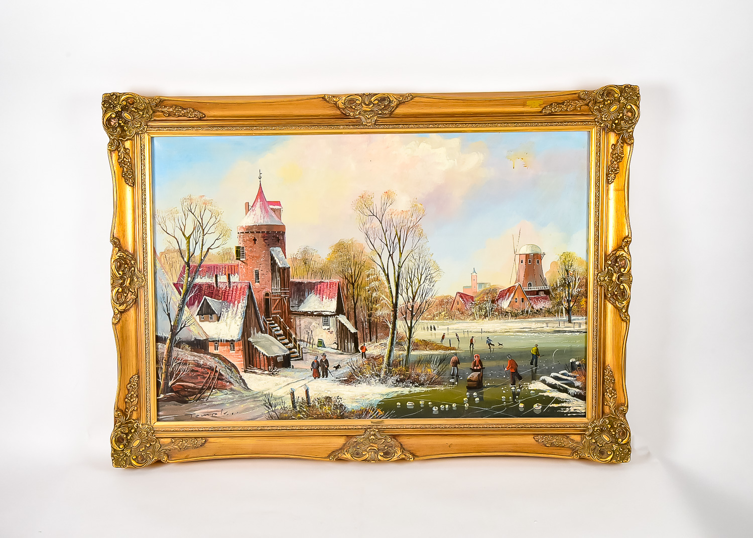 Vintage Oil Painting of Dutch Skaters