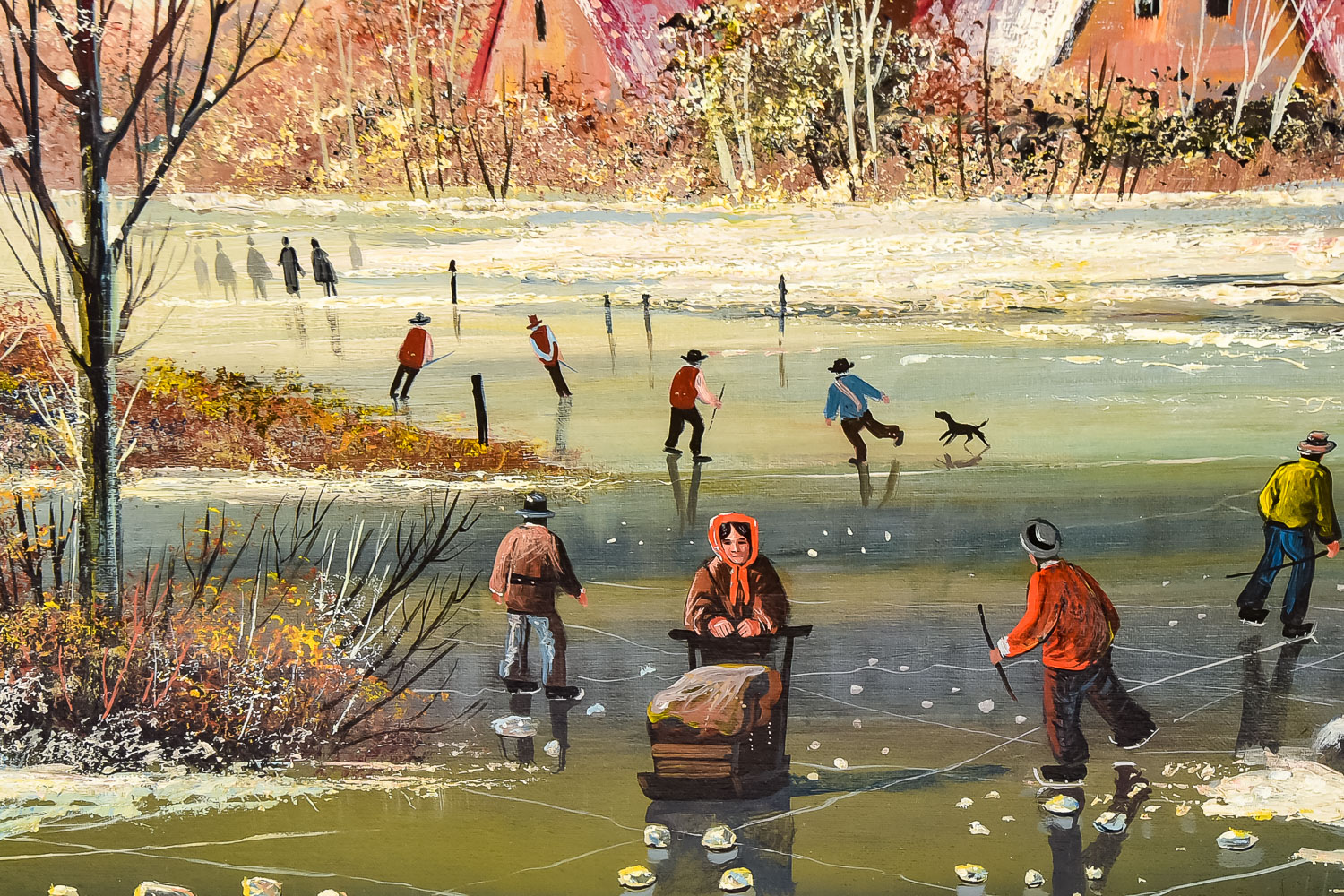 Vintage Oil Painting of Dutch Skaters