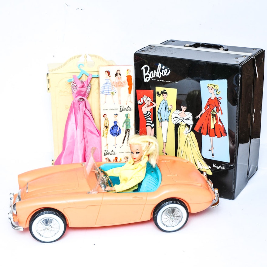 Vintage Barbie with Convertible, Vanity Set, and Accessories