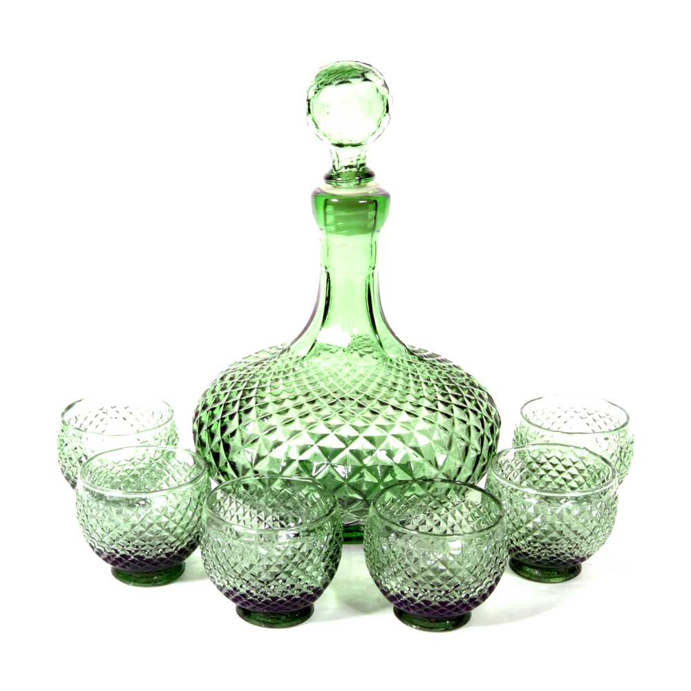 Italian Green Diamond Point Decanter Set