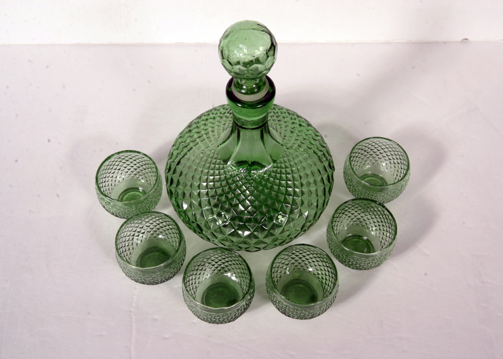 Italian Green Diamond Point Decanter Set