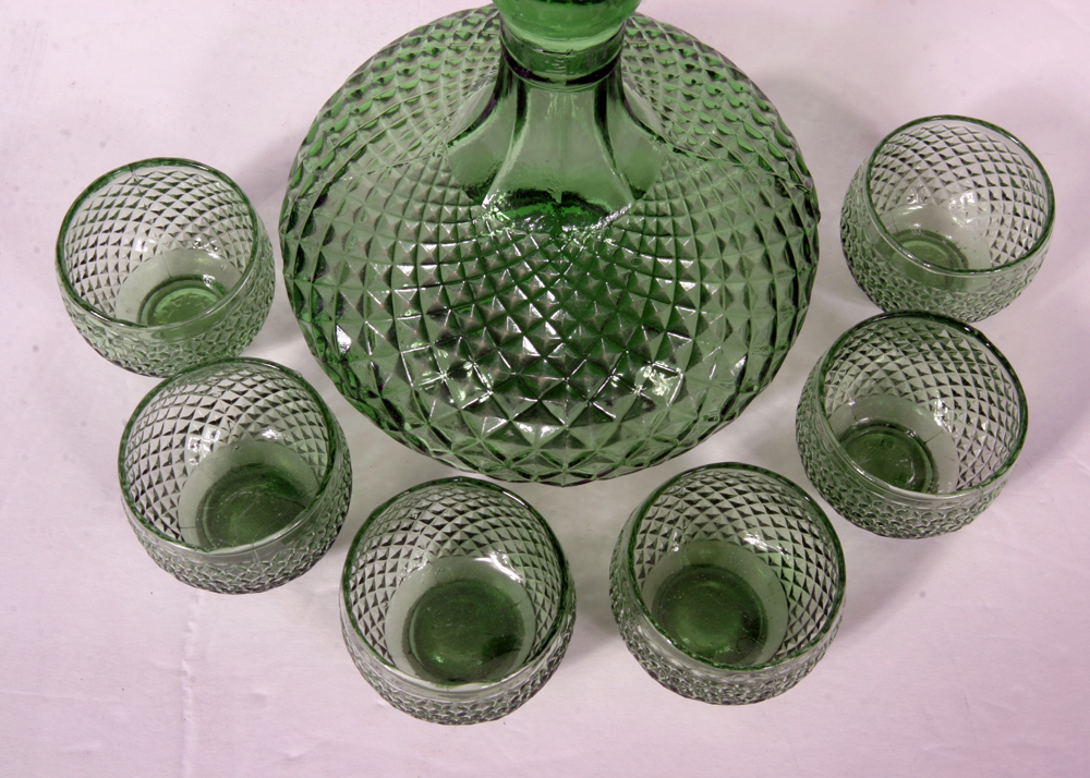Italian Green Diamond Point Decanter Set