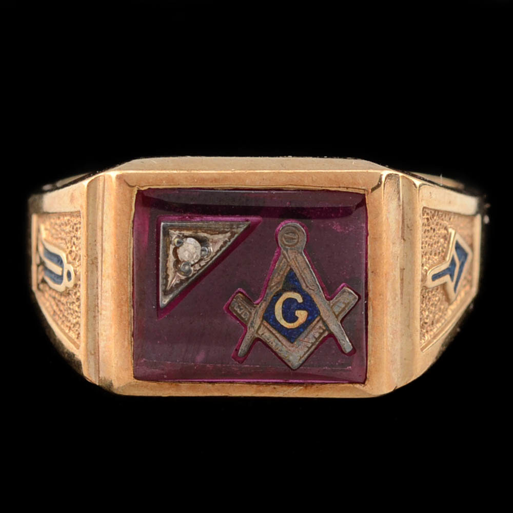 Men's Vintage 10K Yellow Gold Synthetic Corundum and Diamond Masonic Ring