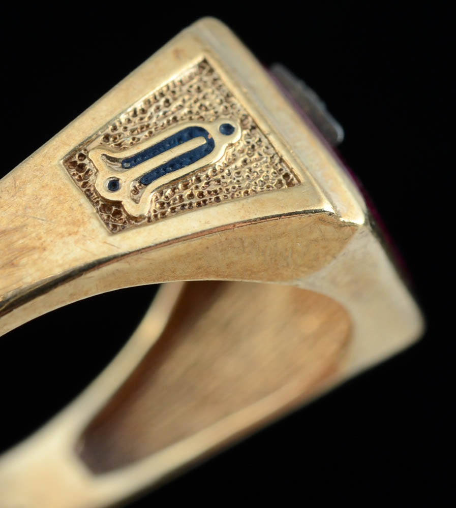 Men's Vintage 10K Yellow Gold Synthetic Corundum and Diamond Masonic Ring