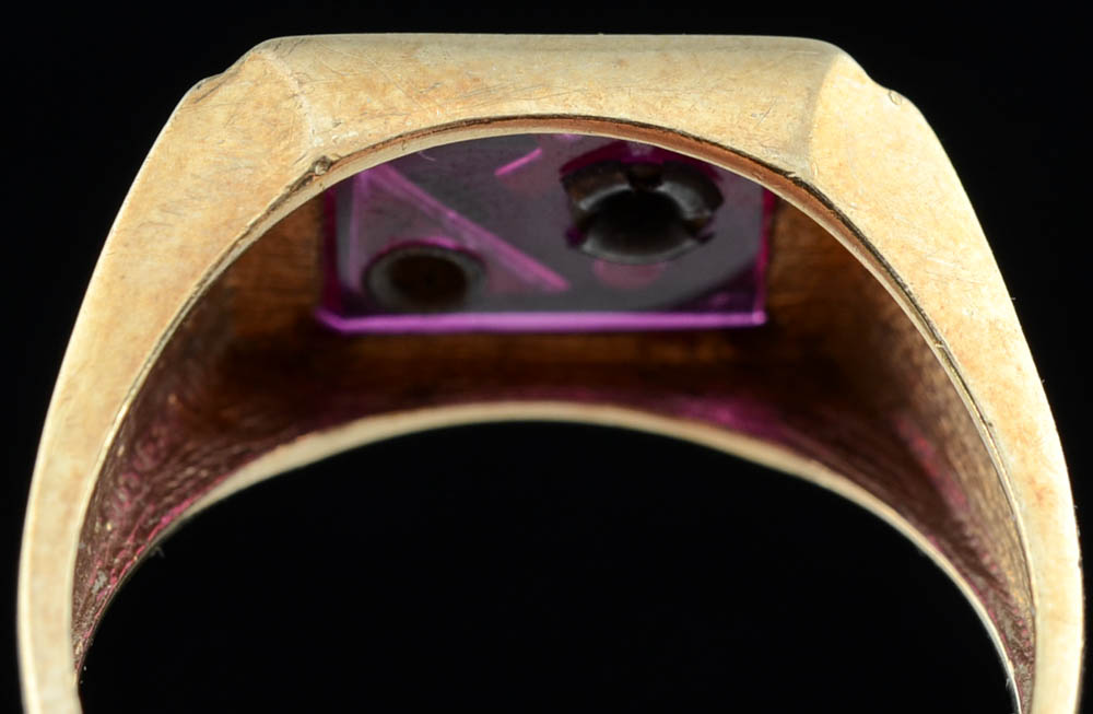 Men's Vintage 10K Yellow Gold Synthetic Corundum and Diamond Masonic Ring