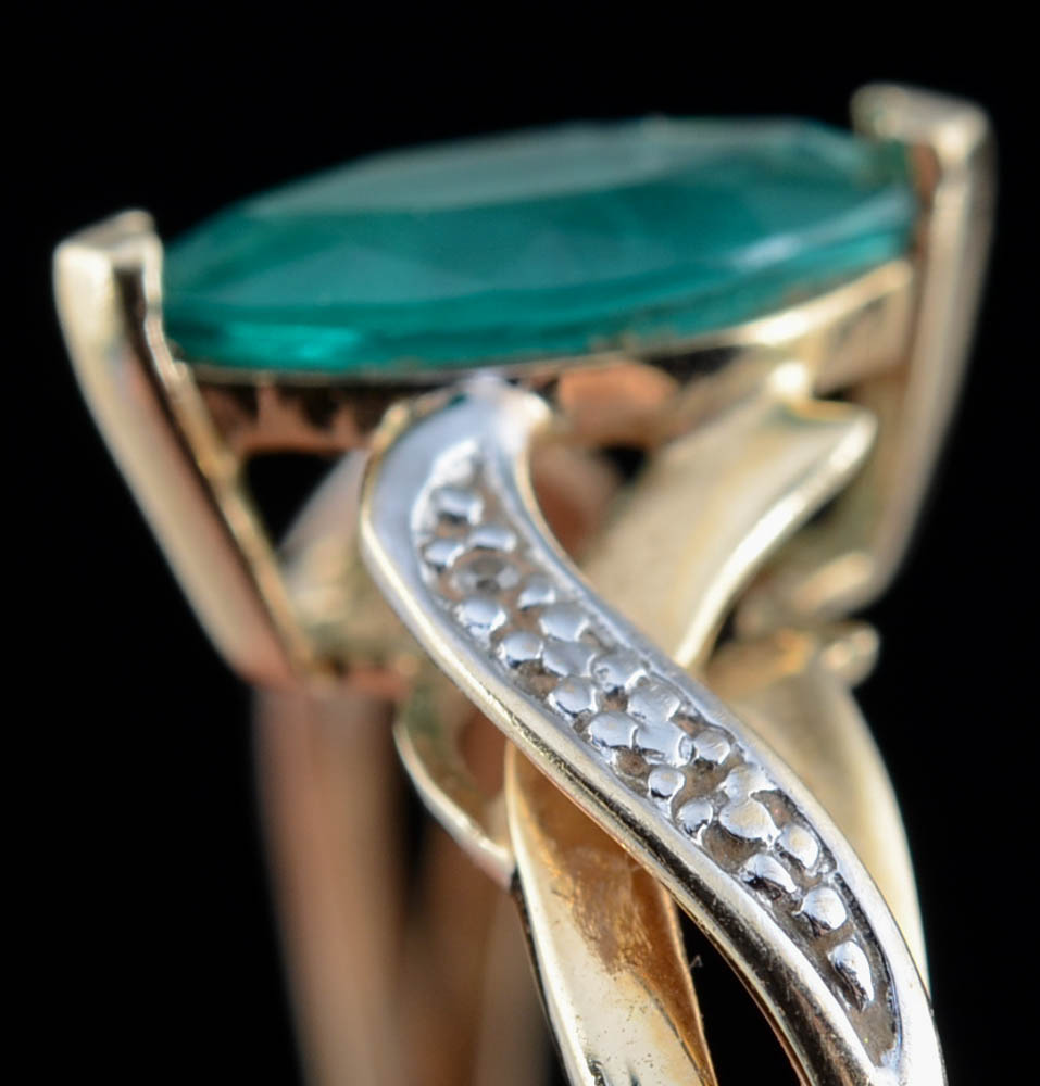 10K Synthetic Emerald Openwork Ring with Diamond Accents