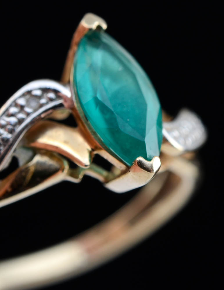 10K Synthetic Emerald Openwork Ring with Diamond Accents