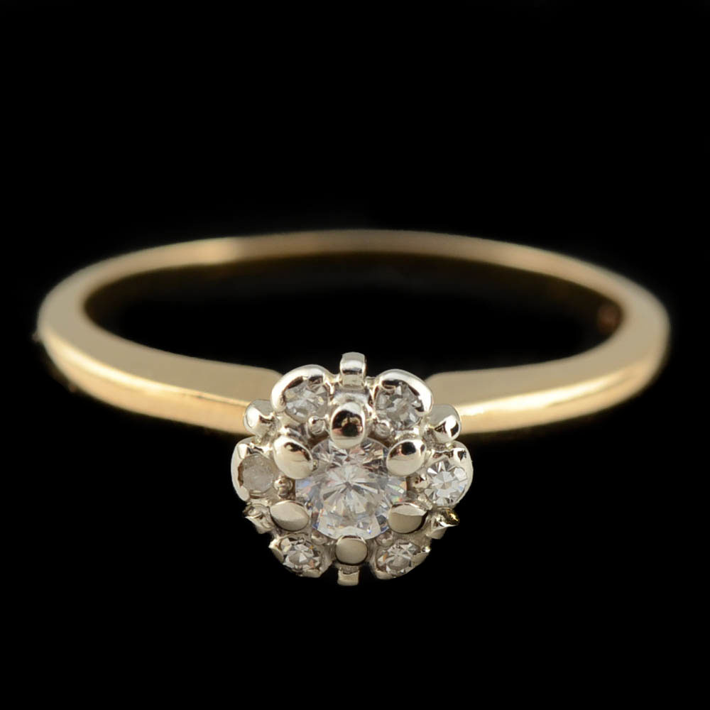 14K Yellow Gold, Cubic Zirconium, and Diamond Cluster Ring