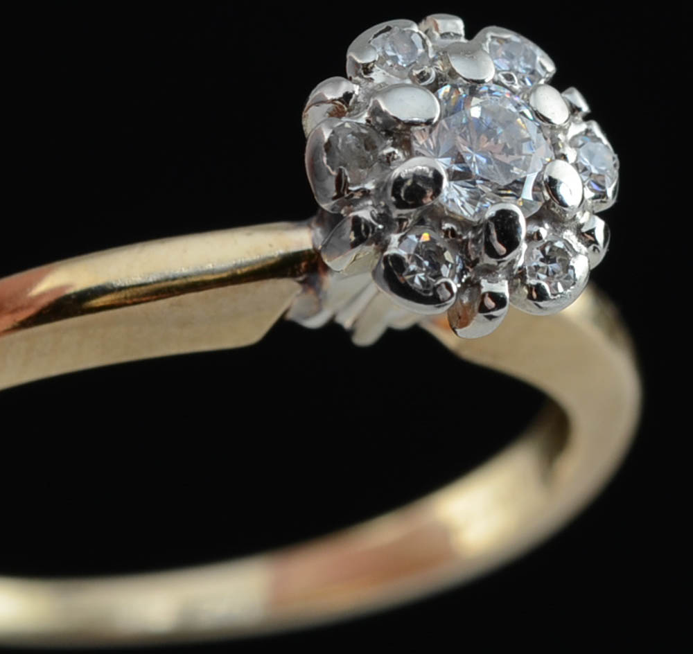 14K Yellow Gold, Cubic Zirconium, and Diamond Cluster Ring