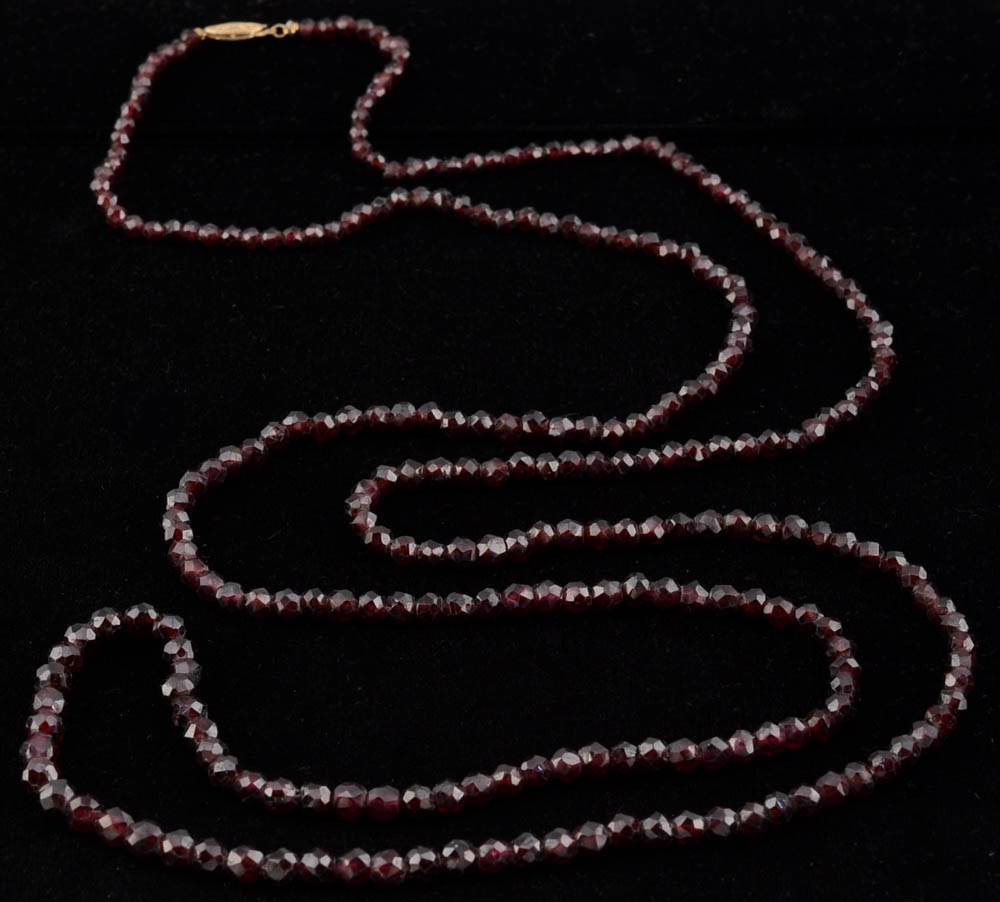 Victorian 56" Garnet Beaded Necklace with 14K Yellow Gold Clasp and 35" Garnet Beaded Necklace with Gold Filled Clasp