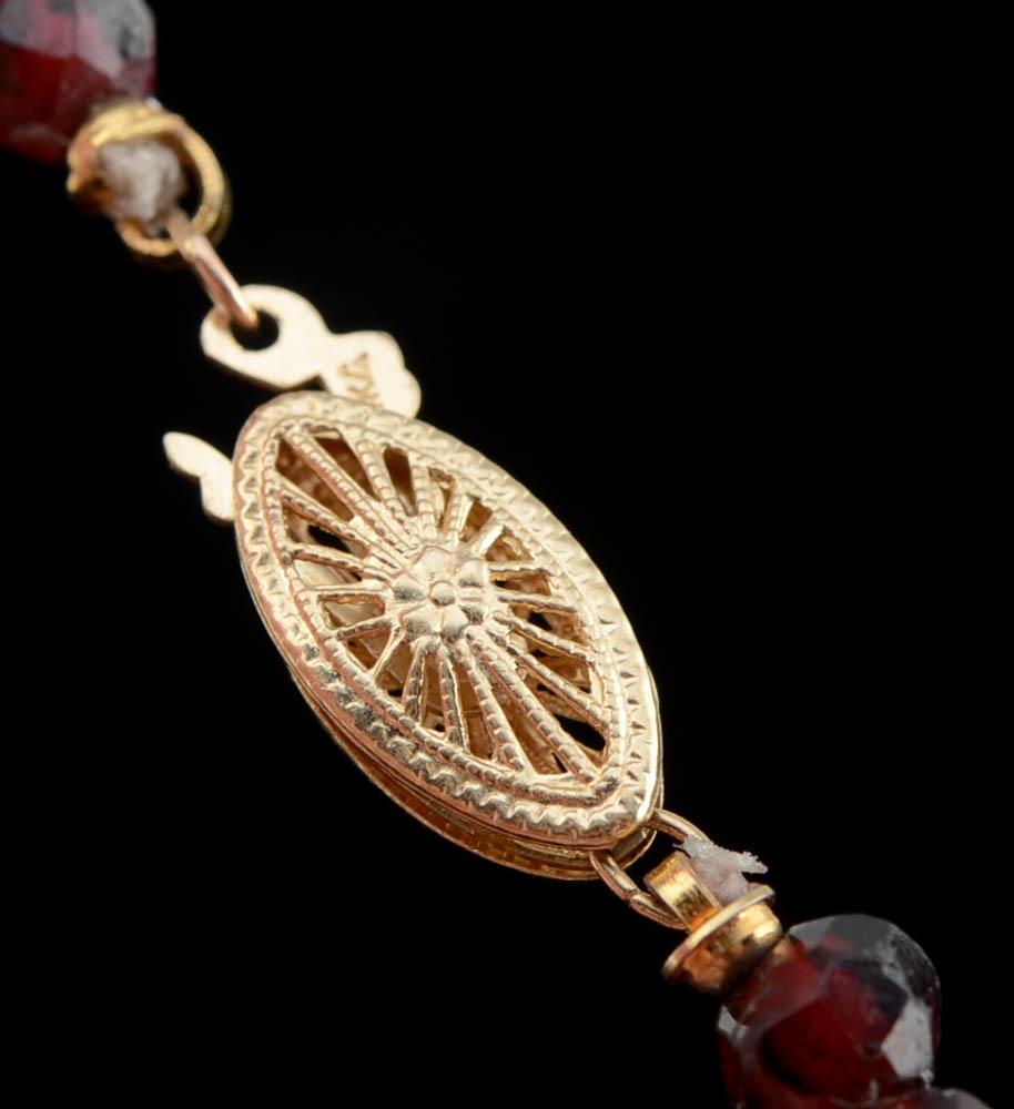 Victorian 56" Garnet Beaded Necklace with 14K Yellow Gold Clasp and 35" Garnet Beaded Necklace with Gold Filled Clasp