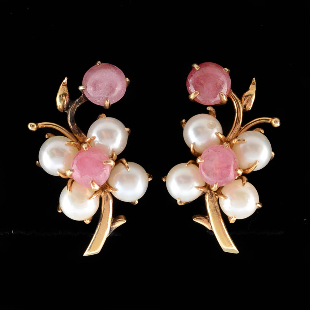 Vintage 14K Yellow Gold Cultured Pearl and Pink Tourmaline Screw Back Earrings