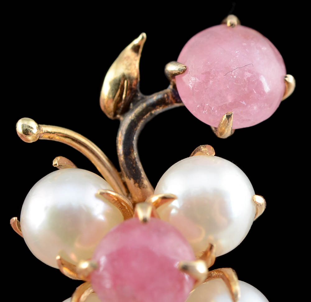 Vintage 14K Yellow Gold Cultured Pearl and Pink Tourmaline Screw Back Earrings