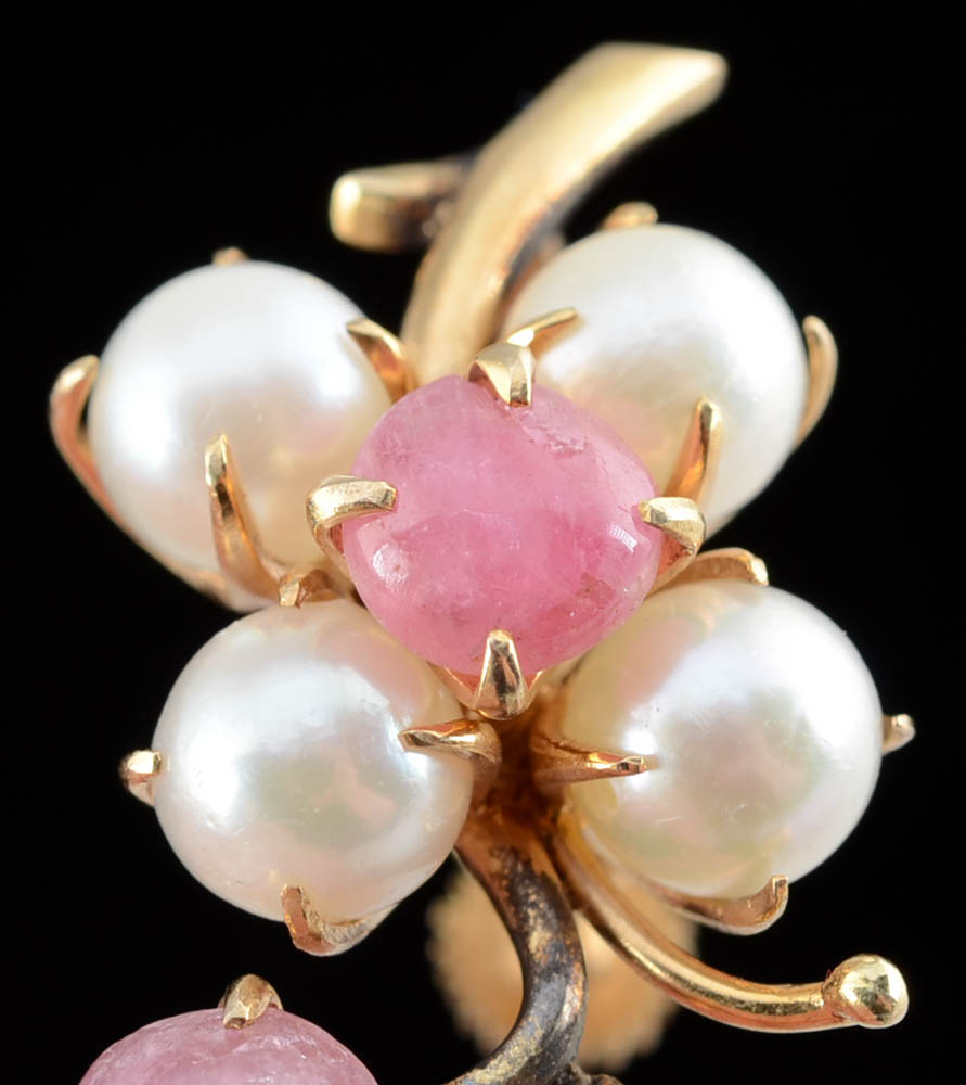 Vintage 14K Yellow Gold Cultured Pearl and Pink Tourmaline Screw Back Earrings