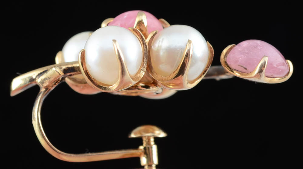 Vintage 14K Yellow Gold Cultured Pearl and Pink Tourmaline Screw Back Earrings