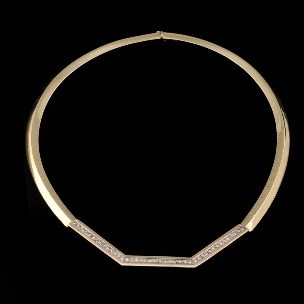 14K Yellow Gold and Diamond Knife Edge Omega Chain Necklace