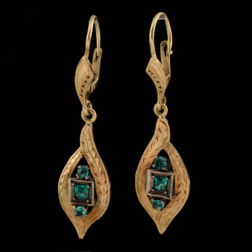 Vintage 18K Yellow Gold Emerald Openwork Drop Earrings