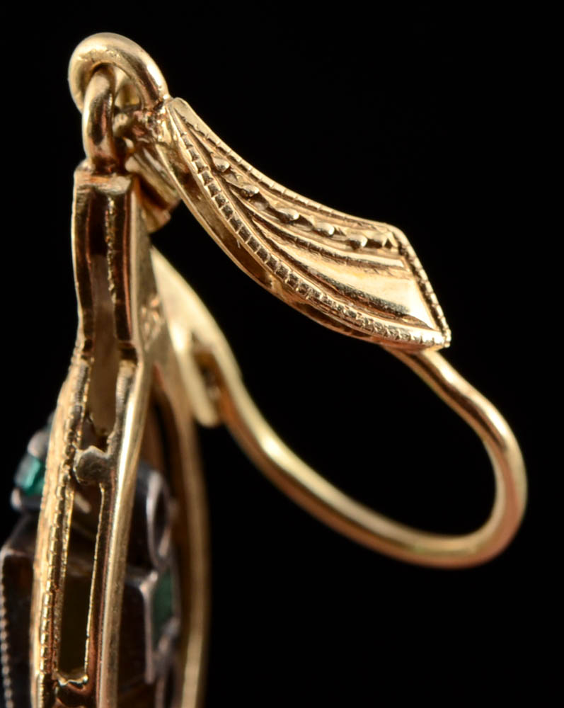 Vintage 18K Yellow Gold Emerald Openwork Drop Earrings