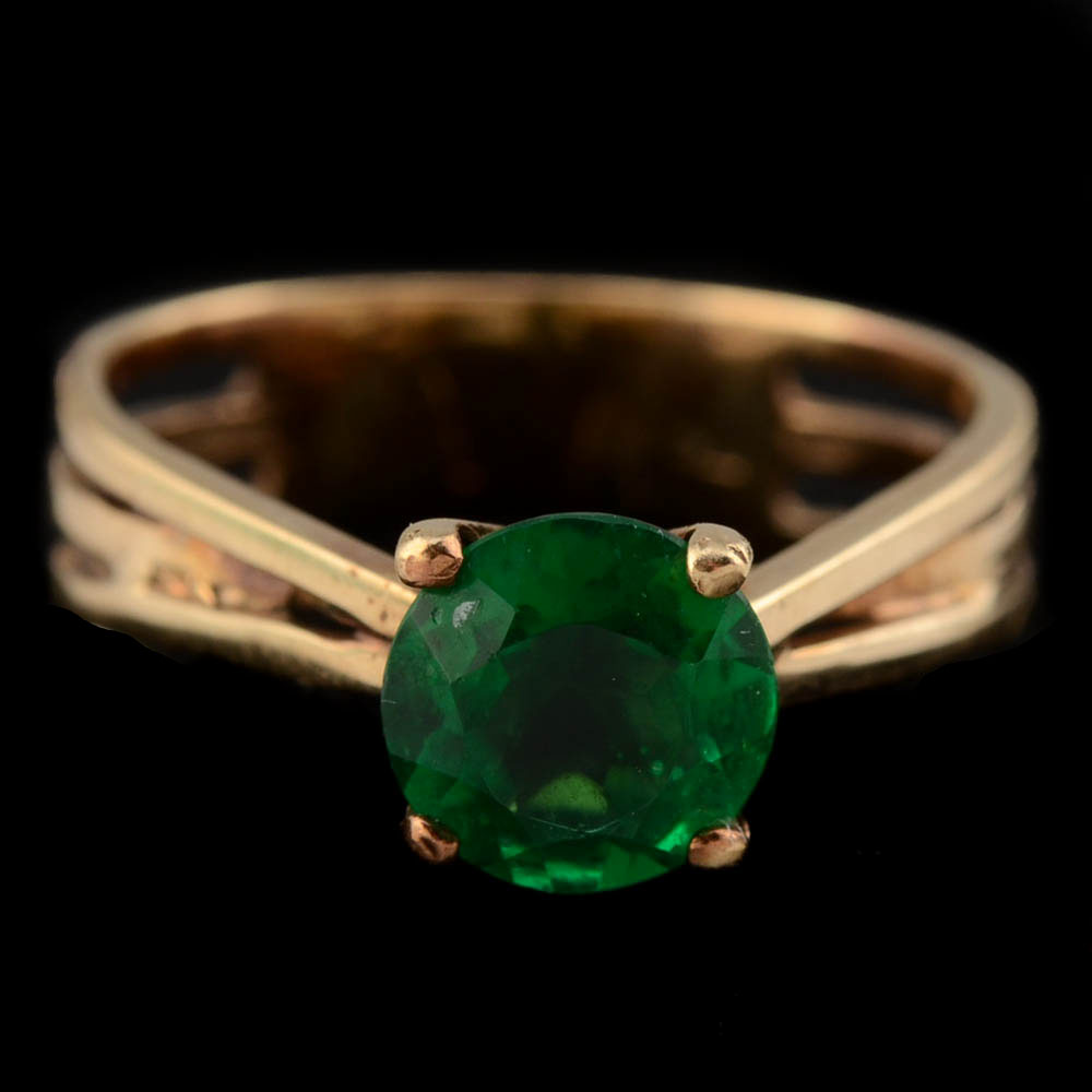 12K Yellow Gold Cathedral Ring with Green Glass Simulated Stone