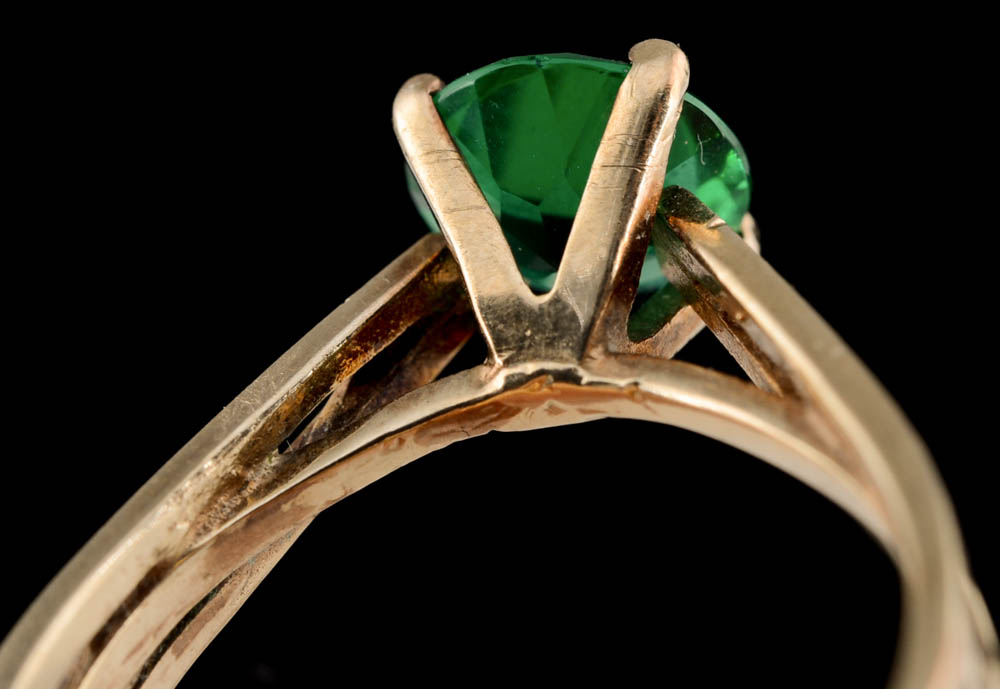 12K Yellow Gold Cathedral Ring with Green Glass Simulated Stone