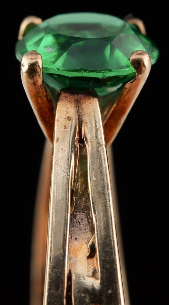 12K Yellow Gold Cathedral Ring with Green Glass Simulated Stone