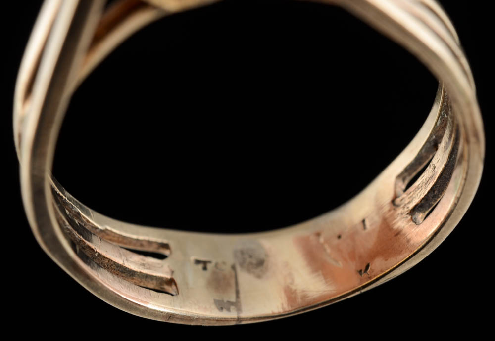 12K Yellow Gold Cathedral Ring with Green Glass Simulated Stone