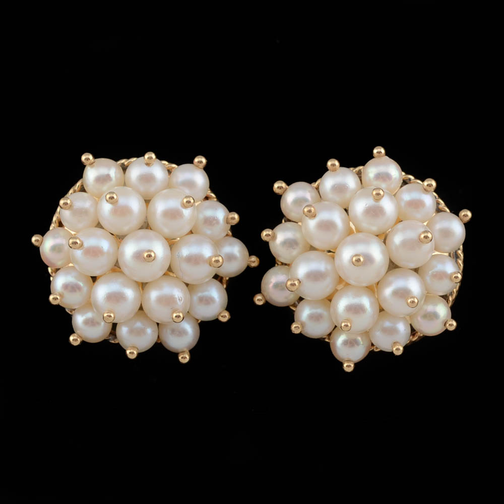 14K Yellow Gold Cultured Pearl Cluster Friction Post and Clip Back Pierced Earrings