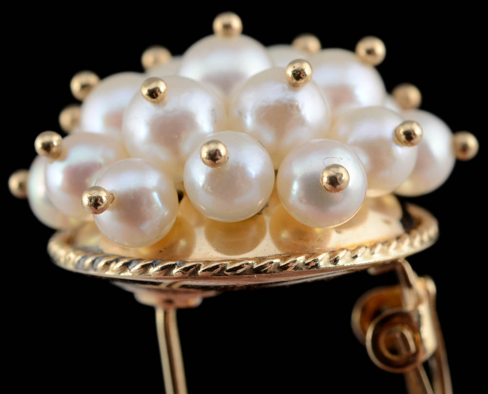 14K Yellow Gold Cultured Pearl Cluster Friction Post and Clip Back Pierced Earrings