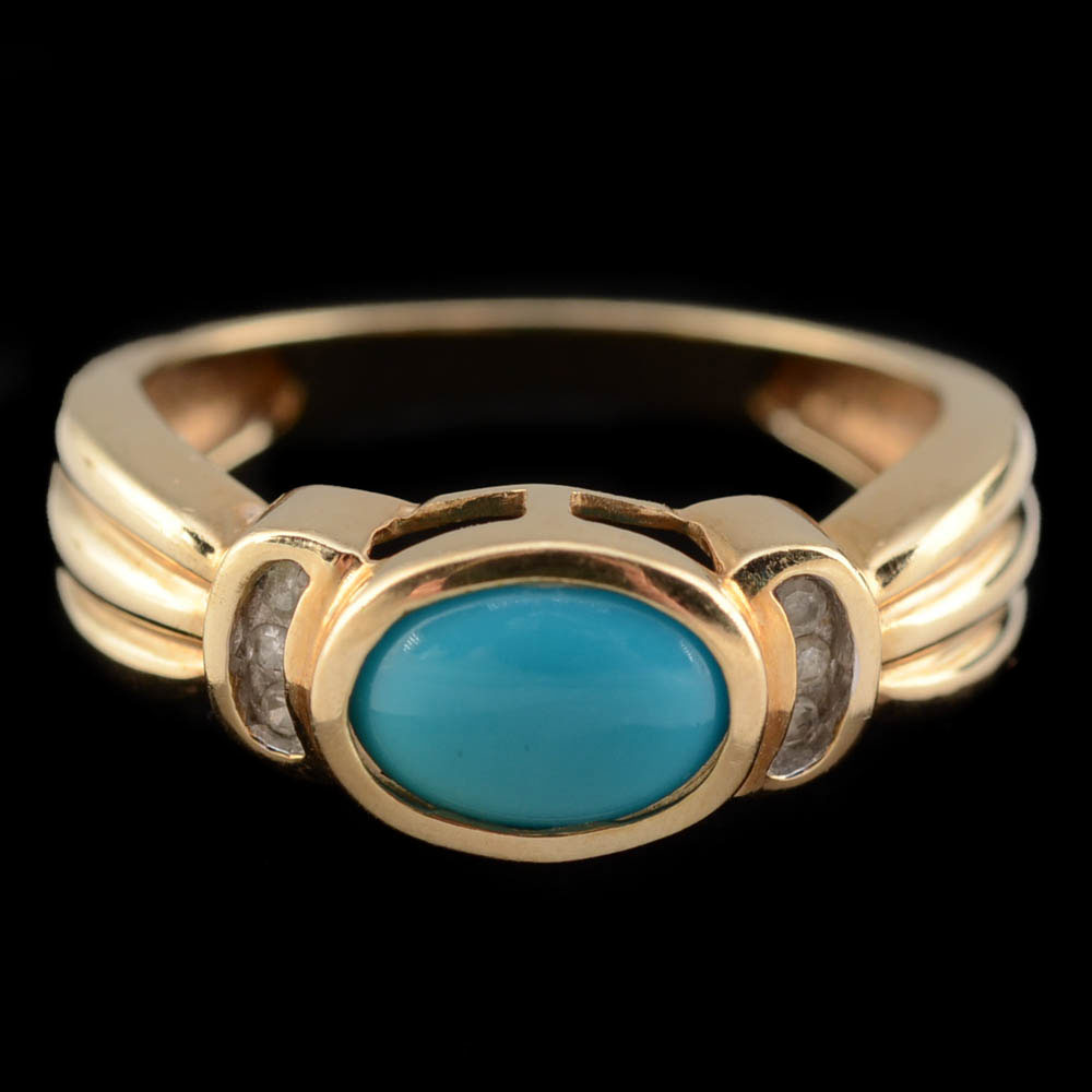 10K Yellow Gold Turquoise and Diamond Ring