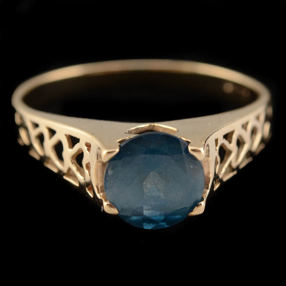 10K Yellow Gold London Blue Topaz Ring with Openwork Heart Shape Design