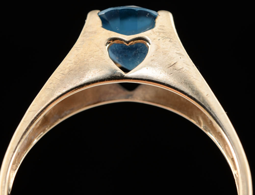 10K Yellow Gold London Blue Topaz Ring with Openwork Heart Shape Design