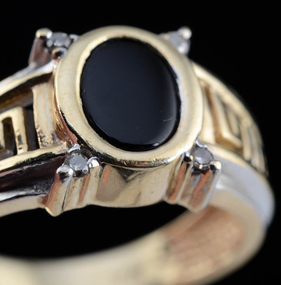 10K Two Tone Gold Black Onyx and Diamond Ring