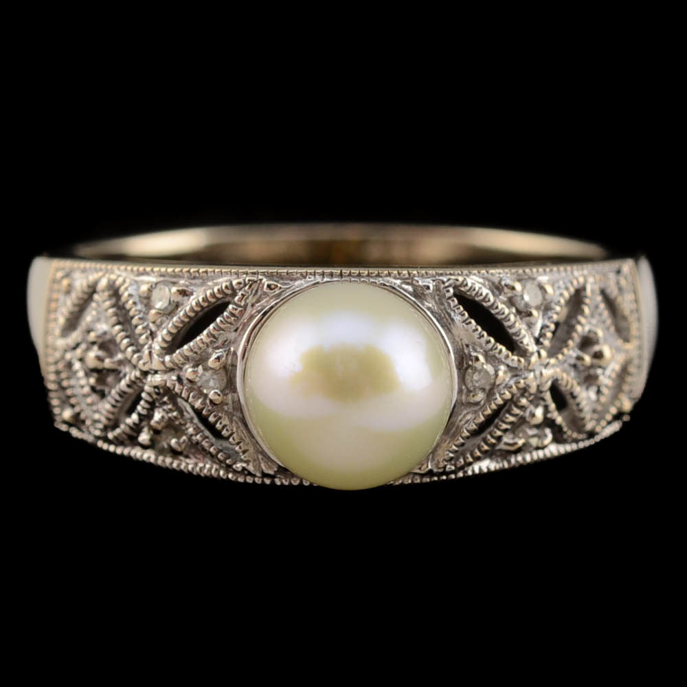 10K White Gold Cultured Pearl and Diamond Openwork Ring